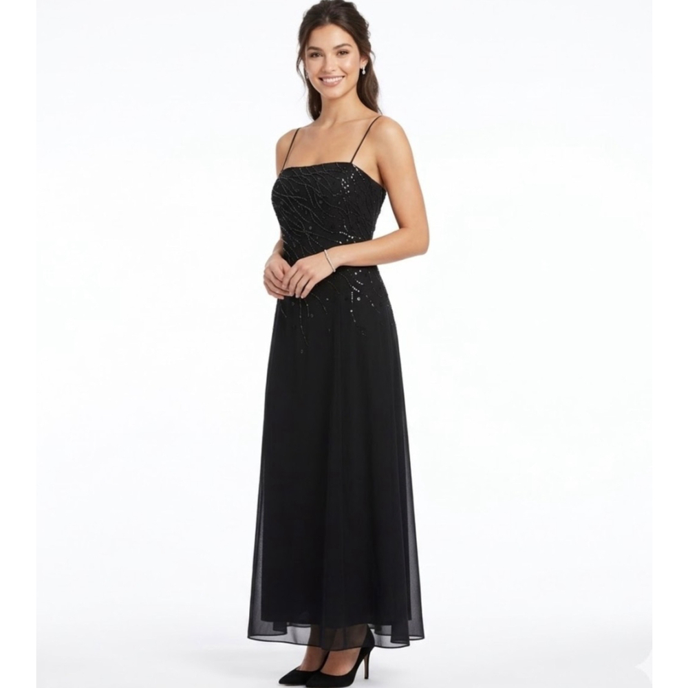 Simon Chang Black Beaded Chiffon Dress Gown Size 12